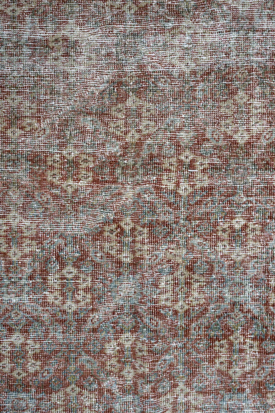 6' x 9' one-of-a-kind handmade antique Malayer medium size rug. Color palette: rust, ivory, sky blue, taupe, rose, camel