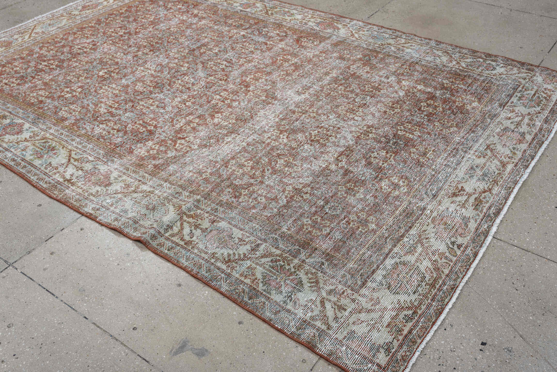 6' x 9' one-of-a-kind handmade antique Malayer medium size rug. Color palette: rust, ivory, sky blue, taupe, rose, camel