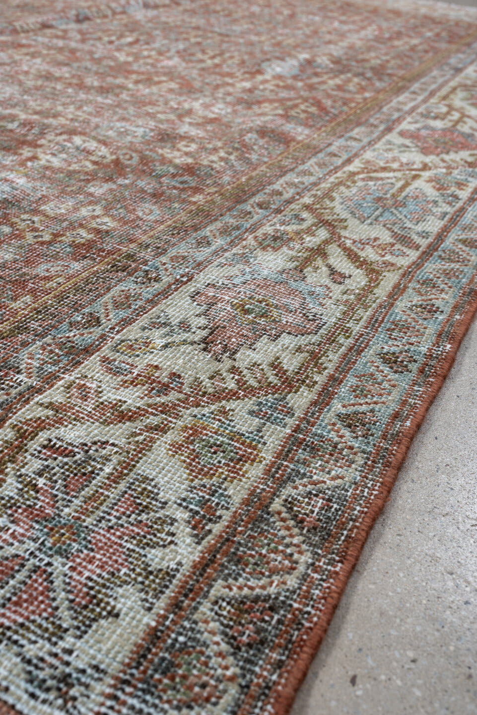 6' x 9' one-of-a-kind handmade antique Malayer medium size rug. Color palette: rust, ivory, sky blue, taupe, rose, camel