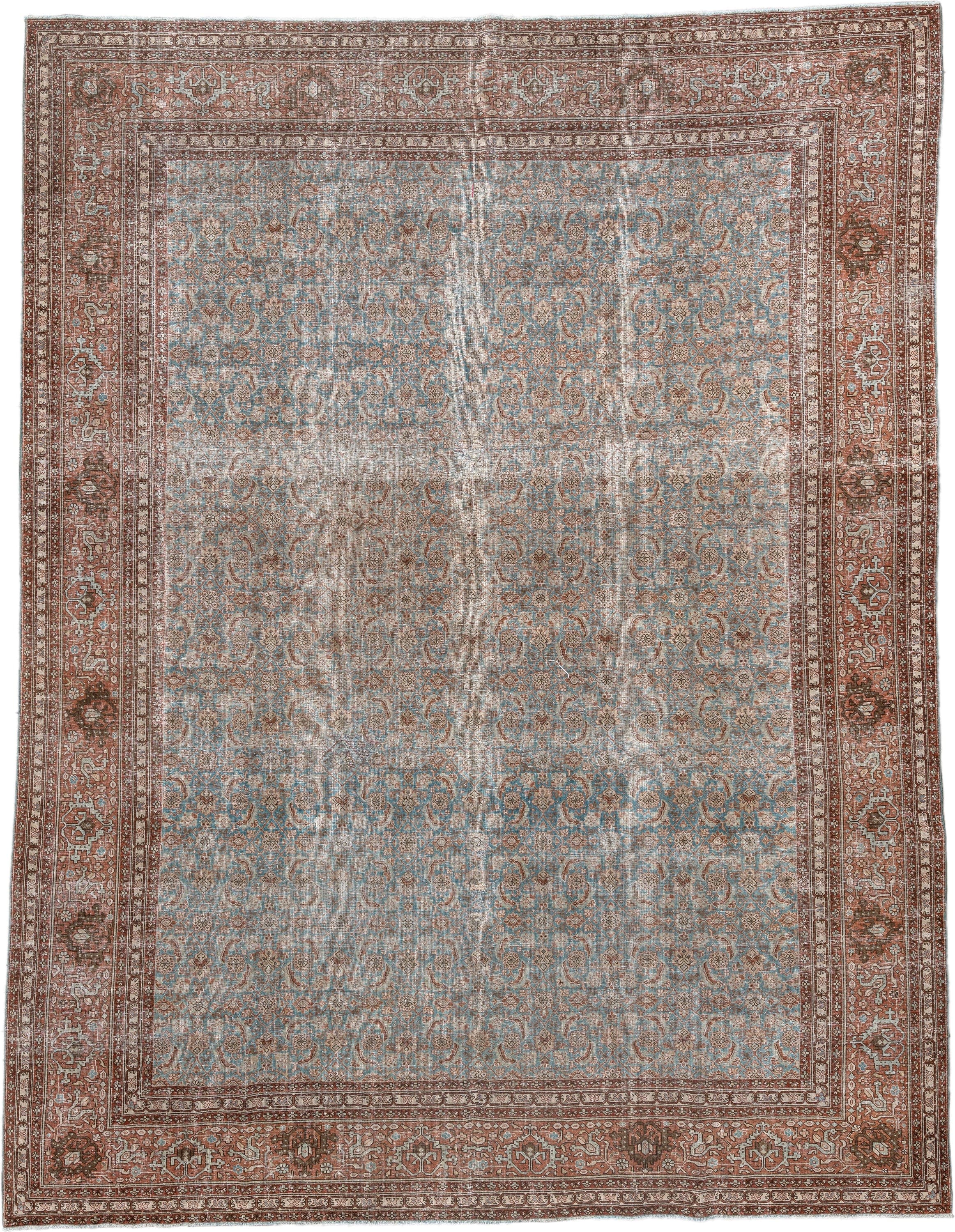 9' x 11' one-of-a-kind handmade antique Tabriz large size rug. Color palette: terracotta, pale blue, ivory, taupe, brown