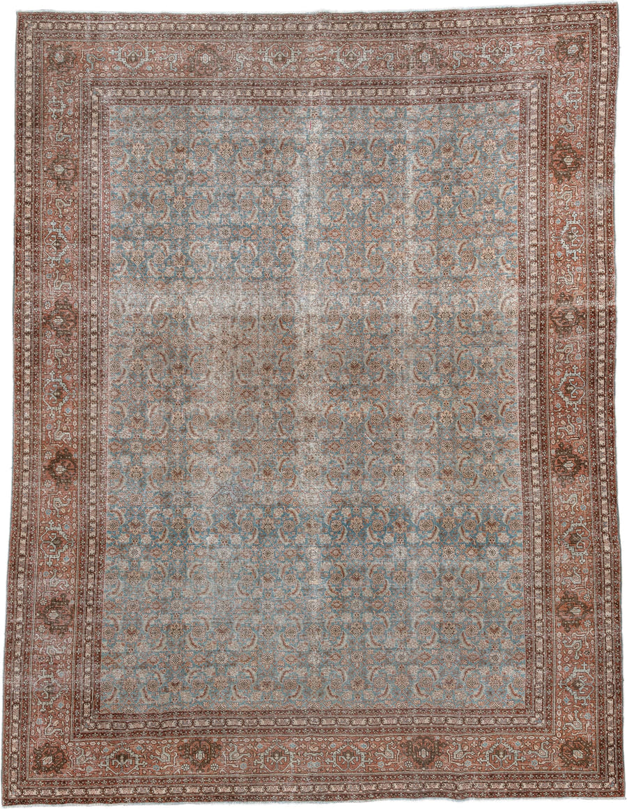 9' x 11' one-of-a-kind handmade antique Tabriz large size rug. Color palette: terracotta, pale blue, ivory, taupe, brown