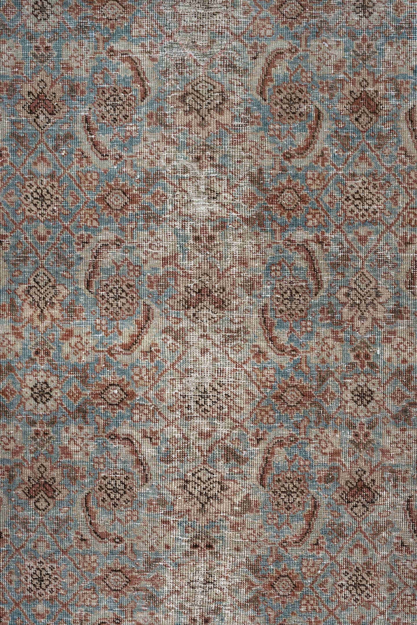 9' x 11' one-of-a-kind handmade antique Tabriz large size rug. Color palette: terracotta, pale blue, ivory, taupe, brown