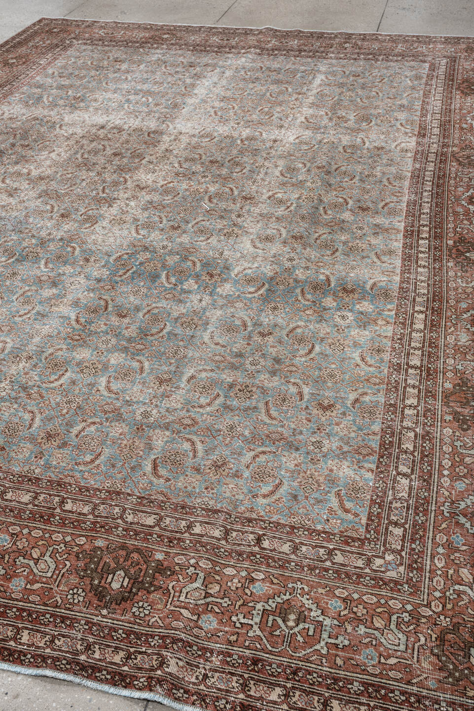 9' x 11' one-of-a-kind handmade antique Tabriz large size rug. Color palette: terracotta, pale blue, ivory, taupe, brown