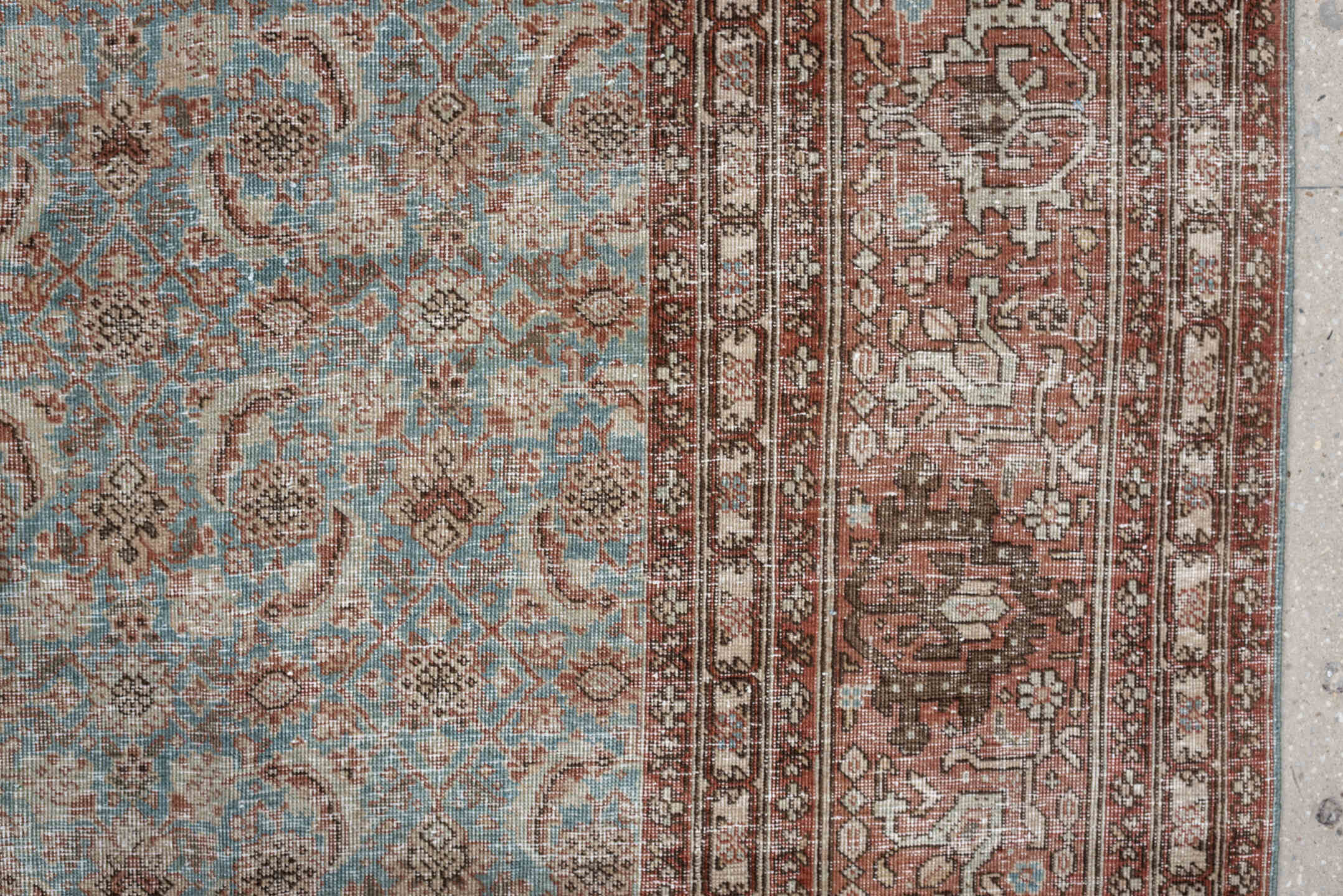 9' x 11' one-of-a-kind handmade antique Tabriz large size rug. Color palette: terracotta, pale blue, ivory, taupe, brown