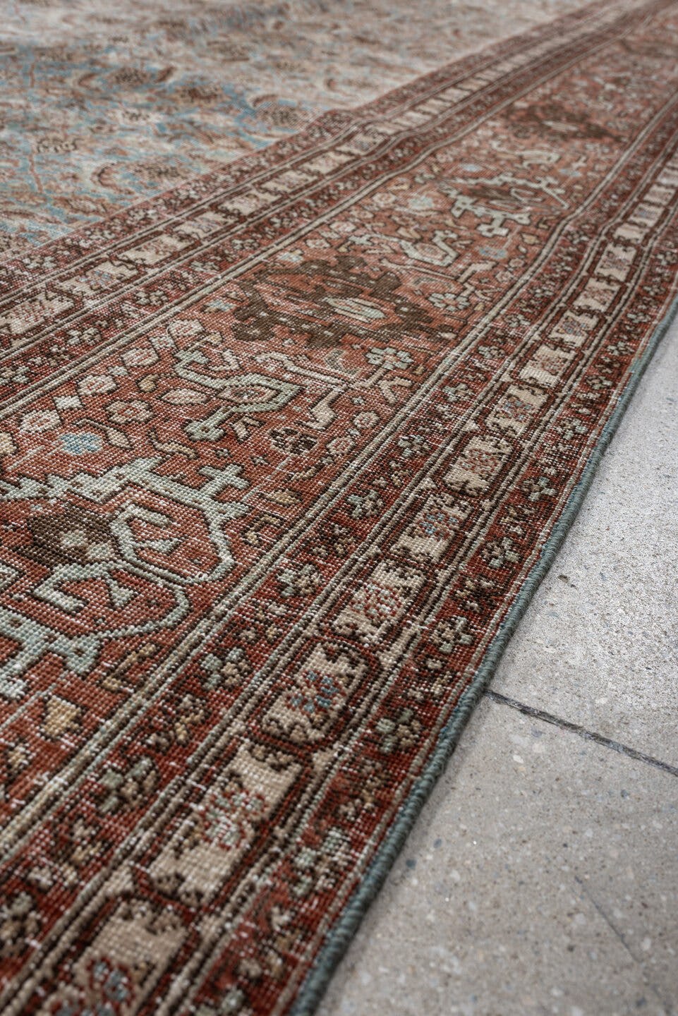 9' x 11' one-of-a-kind handmade antique Tabriz large size rug. Color palette: terracotta, pale blue, ivory, taupe, brown