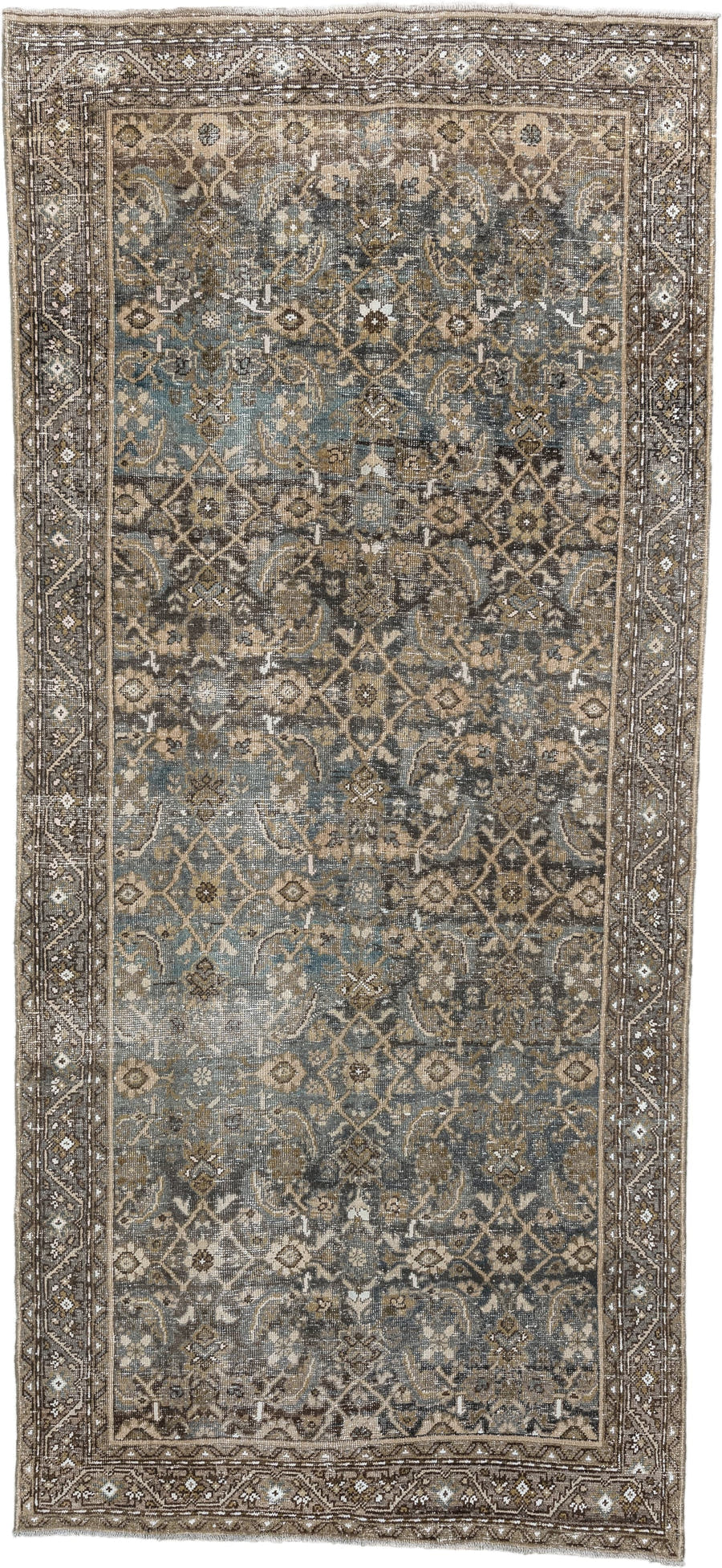 5' x 9' one-of-a-kind handmade antique Shiraz medium size rug. Color palette: taupe, brown, blue, ivory, charcoal, camel