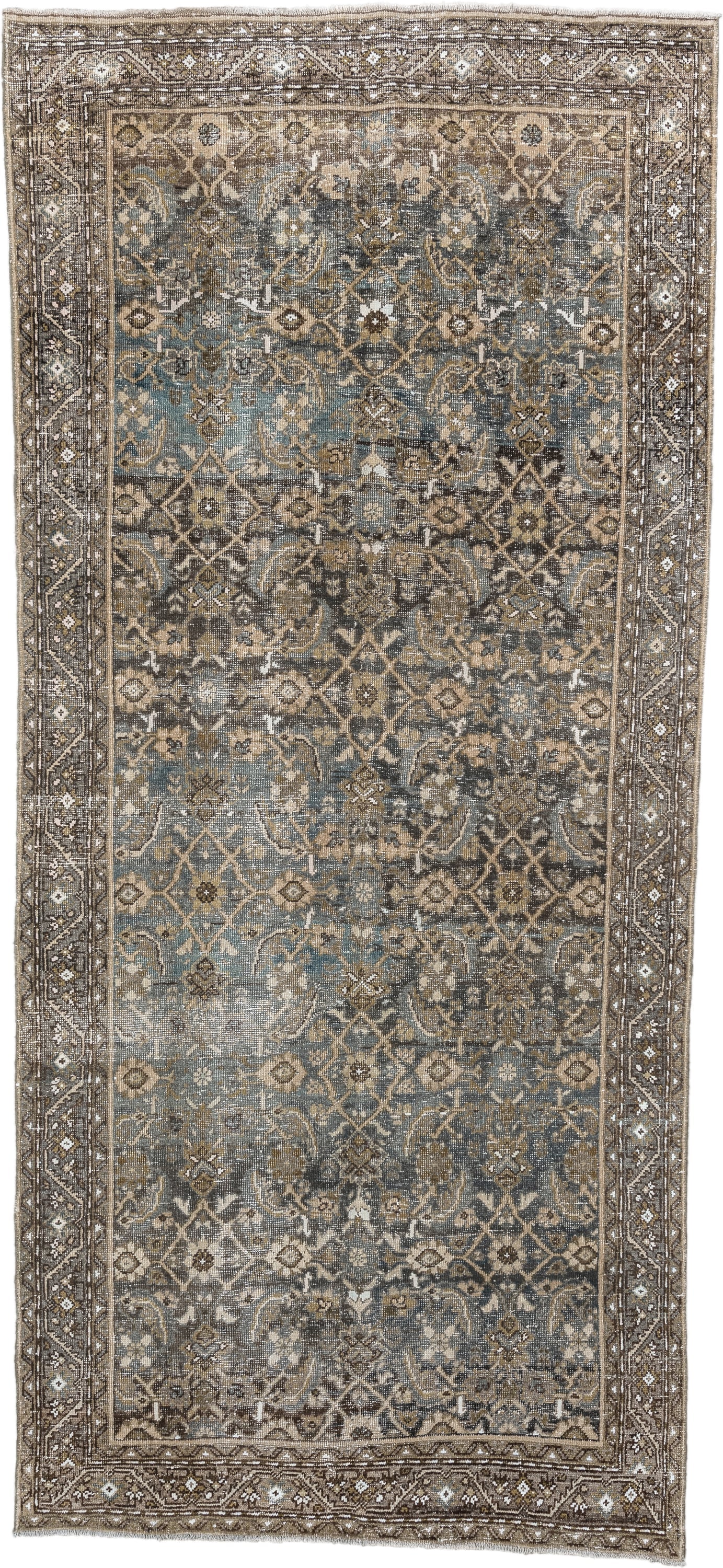 5' x 9' one-of-a-kind handmade antique Shiraz medium size rug. Color palette: taupe, brown, blue, ivory, charcoal, camel