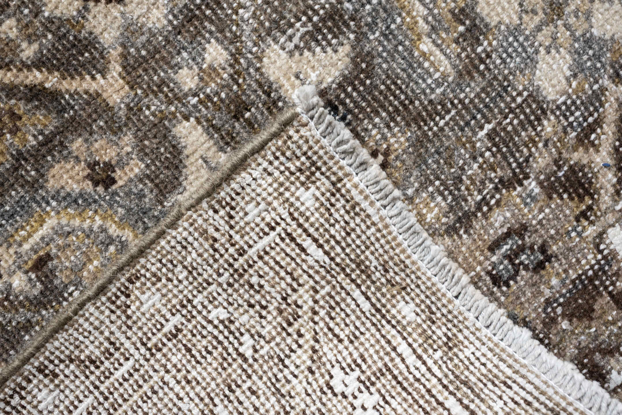 5' x 9' one-of-a-kind handmade antique Shiraz medium size rug. Color palette: taupe, brown, blue, ivory, charcoal, camel