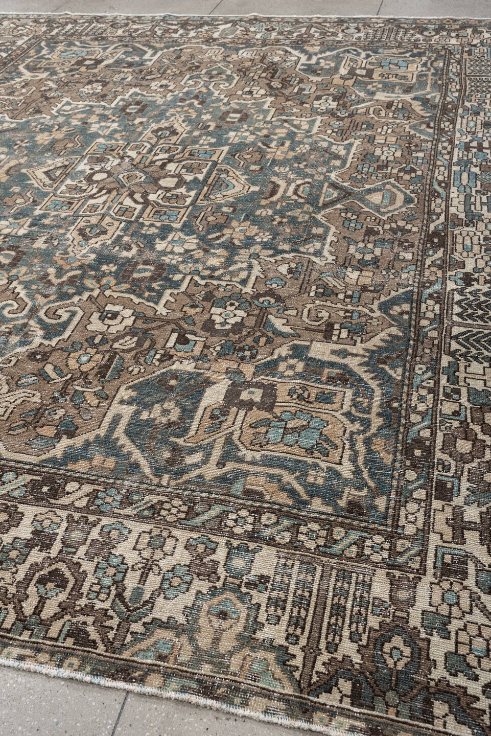 10' x 11' one-of-a-kind handmade antique Baktiary large size rug. Color palette: taupe, ivory, teal, charcoal, slate, camel