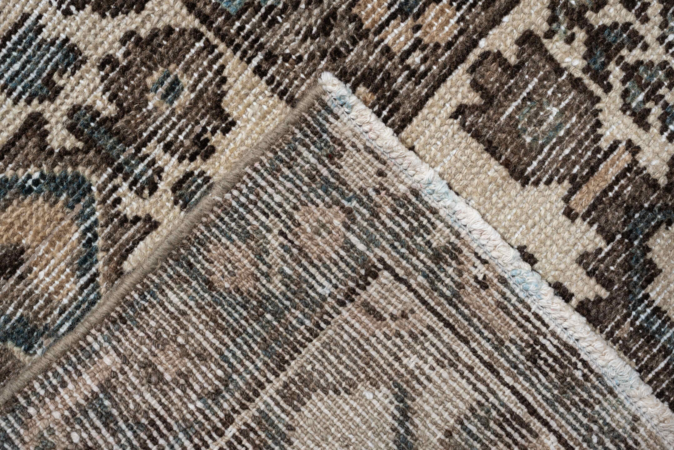 10' x 11' one-of-a-kind handmade antique Baktiary large size rug. Color palette: taupe, ivory, teal, charcoal, slate, camel