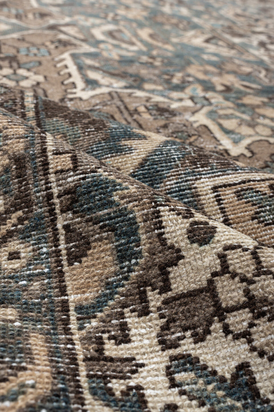 10' x 11' one-of-a-kind handmade antique Baktiary large size rug. Color palette: taupe, ivory, teal, charcoal, slate, camel