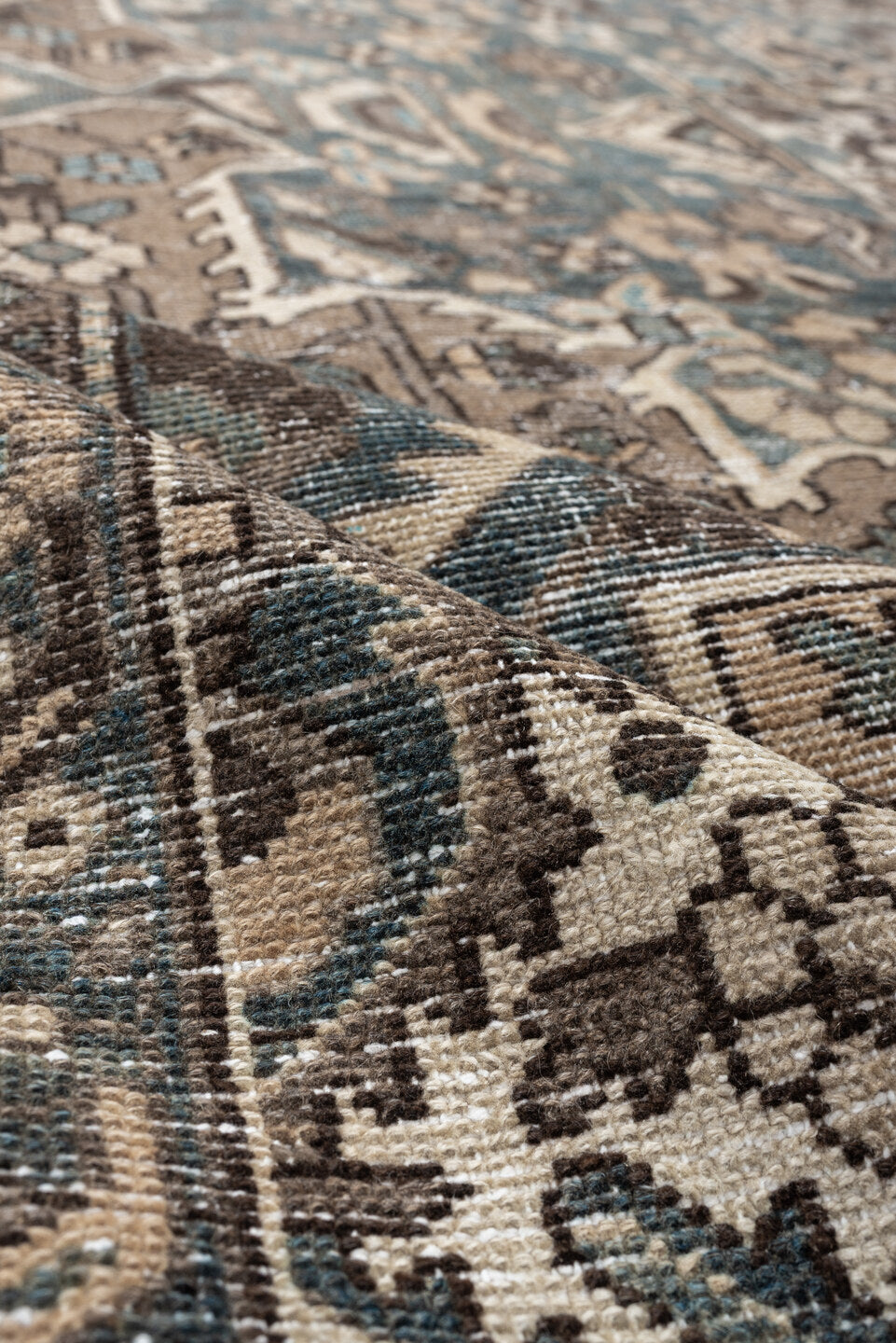 10' x 11' one-of-a-kind handmade antique Baktiary large size rug. Color palette: taupe, ivory, teal, charcoal, slate, camel
