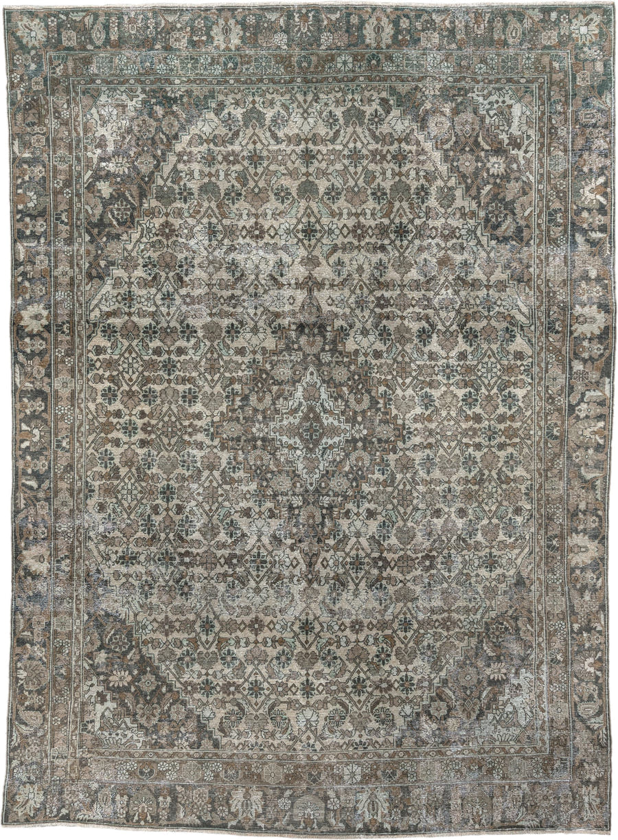 9' x 12' one-of-a-kind handmade antique Bibikabad large size rug. Color palette: taupe, ivory, brown, sage, charcoal, camel