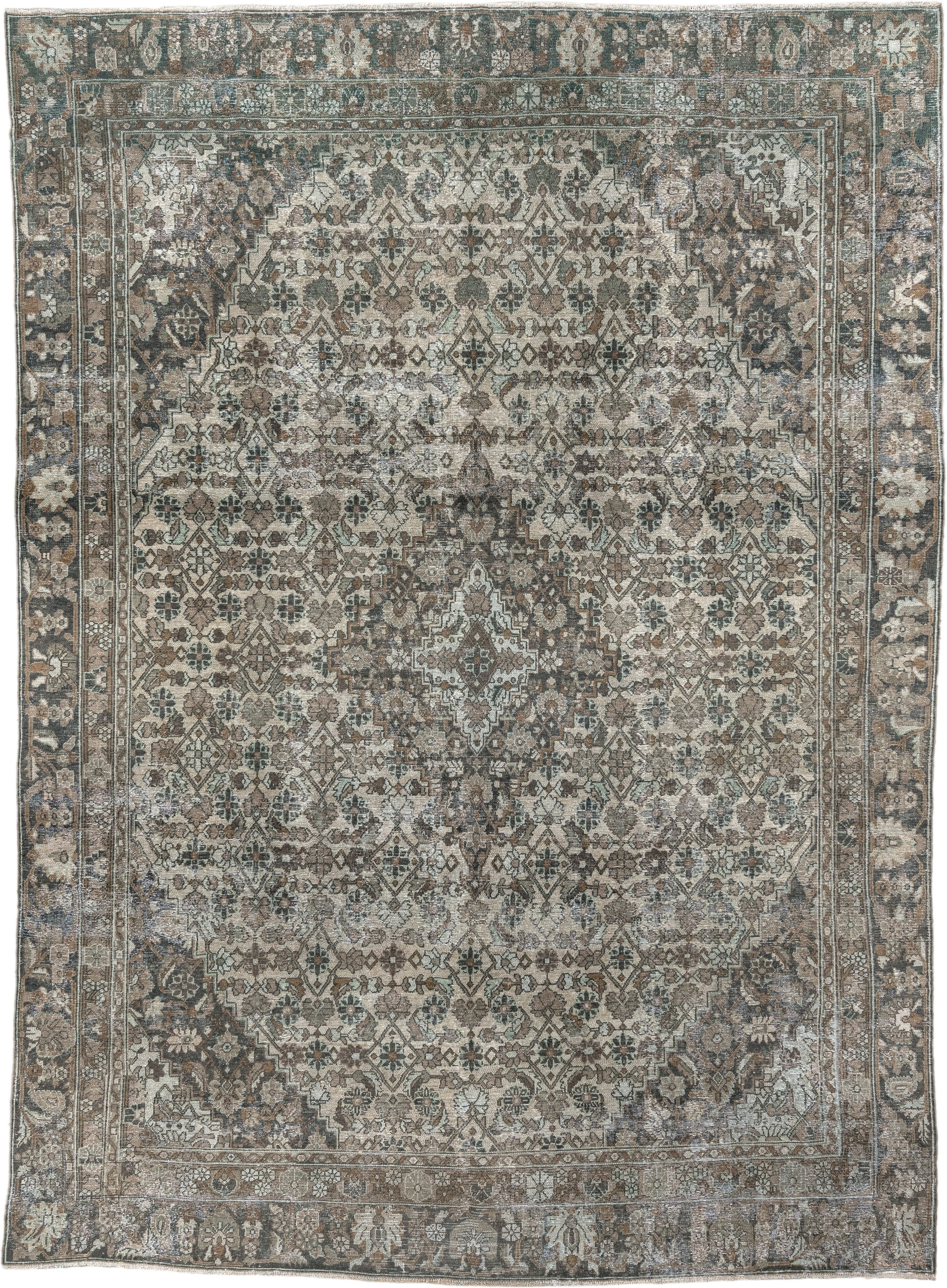 9' x 12' one-of-a-kind handmade antique Bibikabad large size rug. Color palette: taupe, ivory, brown, sage, charcoal, camel