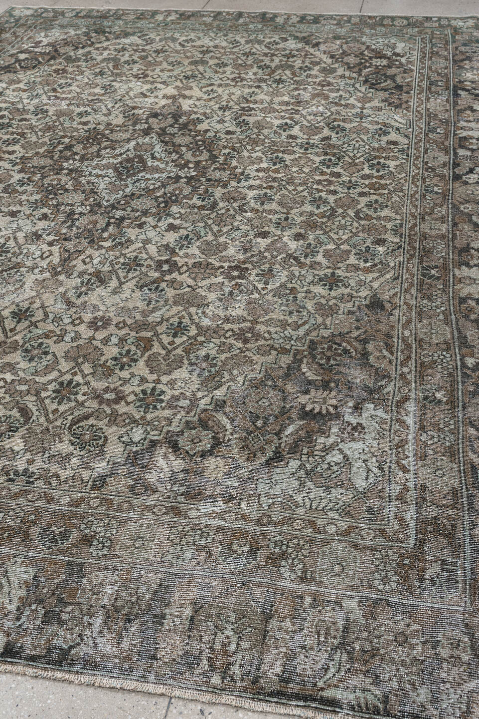 9' x 12' one-of-a-kind handmade antique Bibikabad large size rug. Color palette: taupe, ivory, brown, sage, charcoal, camel