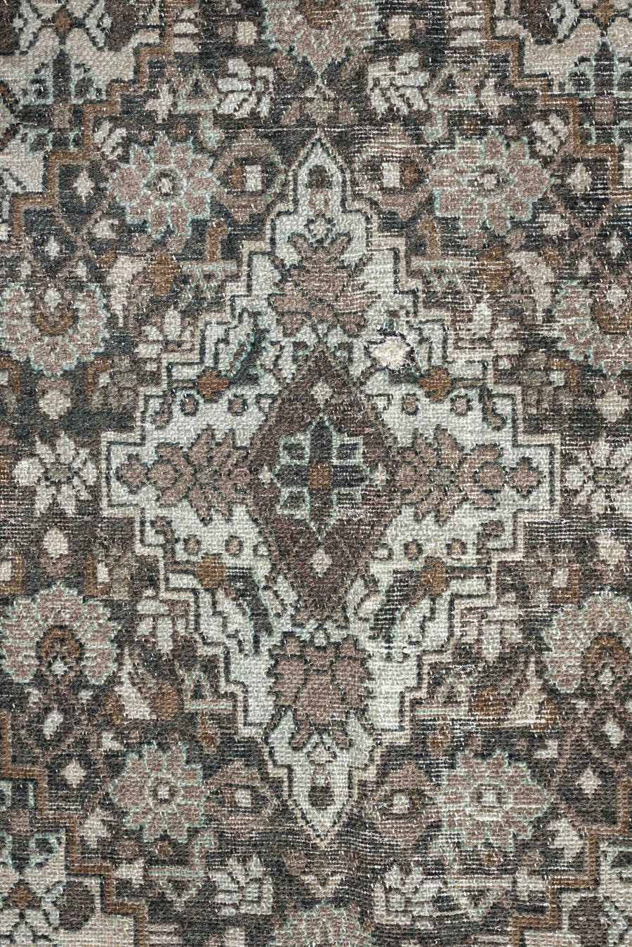 9' x 12' one-of-a-kind handmade antique Bibikabad large size rug. Color palette: taupe, ivory, brown, sage, charcoal, camel