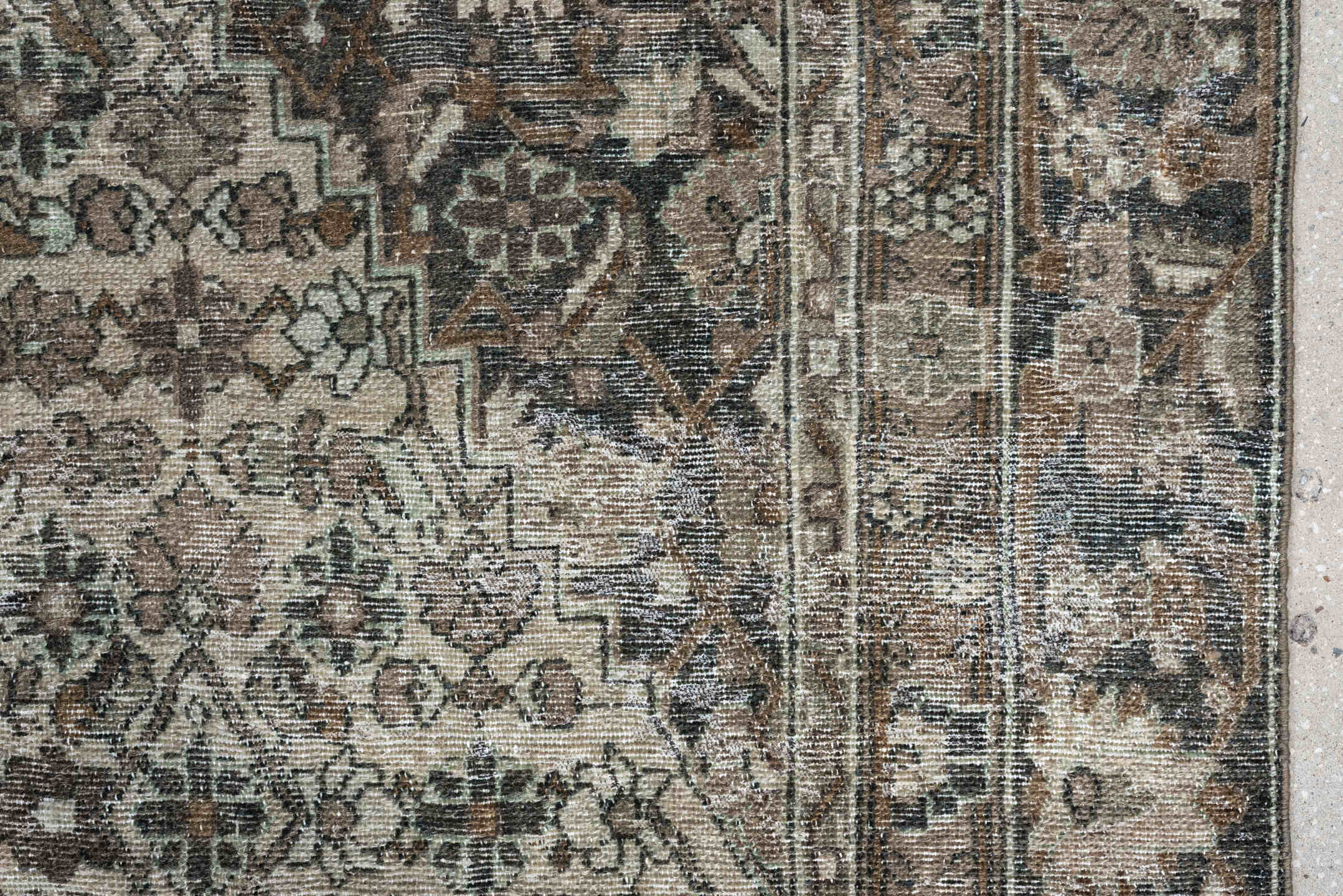 9' x 12' one-of-a-kind handmade antique Bibikabad large size rug. Color palette: taupe, ivory, brown, sage, charcoal, camel