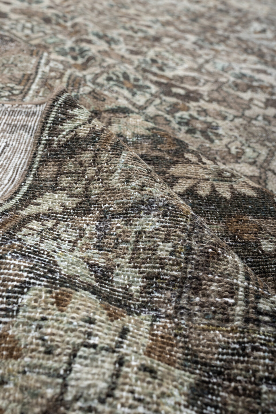 9' x 12' one-of-a-kind handmade antique Bibikabad large size rug. Color palette: taupe, ivory, brown, sage, charcoal, camel
