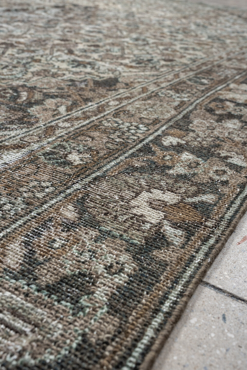 9' x 12' one-of-a-kind handmade antique Bibikabad large size rug. Color palette: taupe, ivory, brown, sage, charcoal, camel