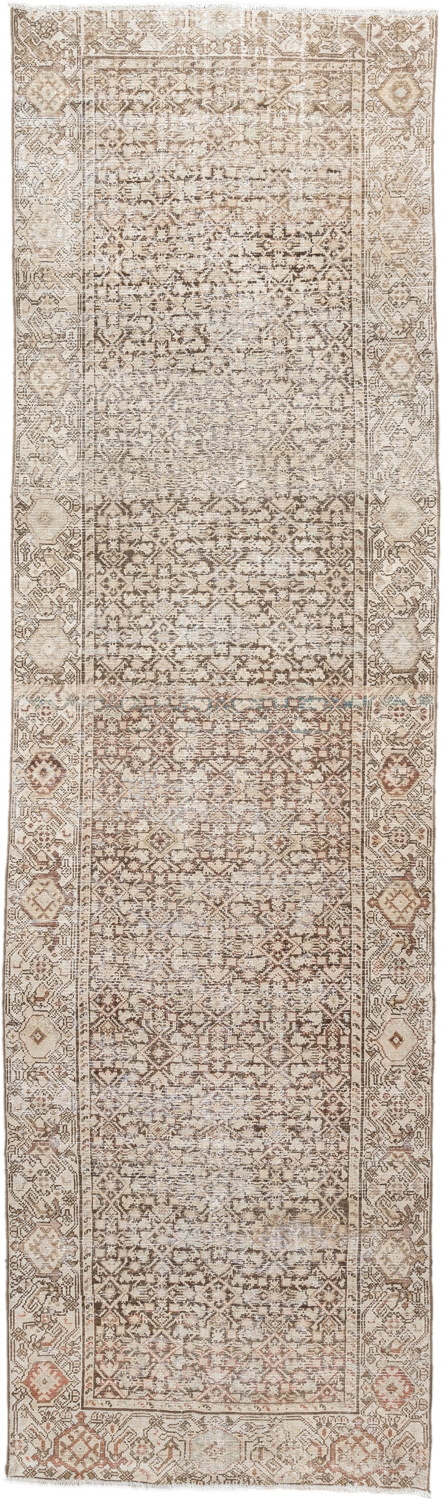 3' x 10' one-of-a-kind handmade antique Malayer runner rug. Color palette: ivory, taupe, camel, brown, soft rust, beige