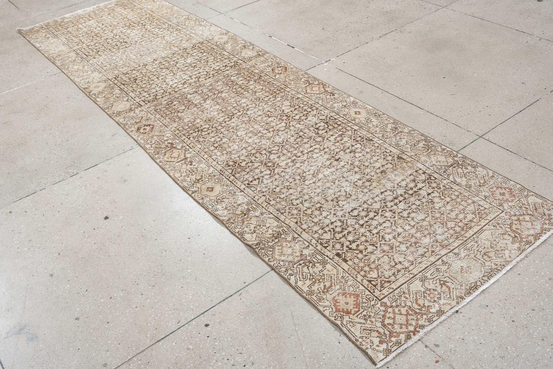 3' x 10' one-of-a-kind handmade antique Malayer runner rug. Color palette: ivory, taupe, camel, brown, soft rust, beige