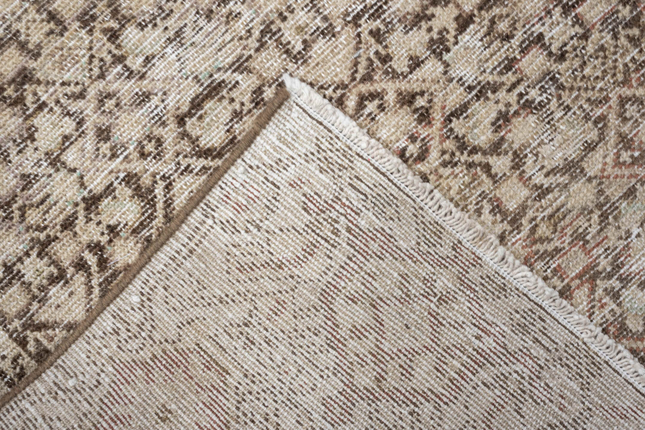 3' x 10' one-of-a-kind handmade antique Malayer runner rug. Color palette: ivory, taupe, camel, brown, soft rust, beige