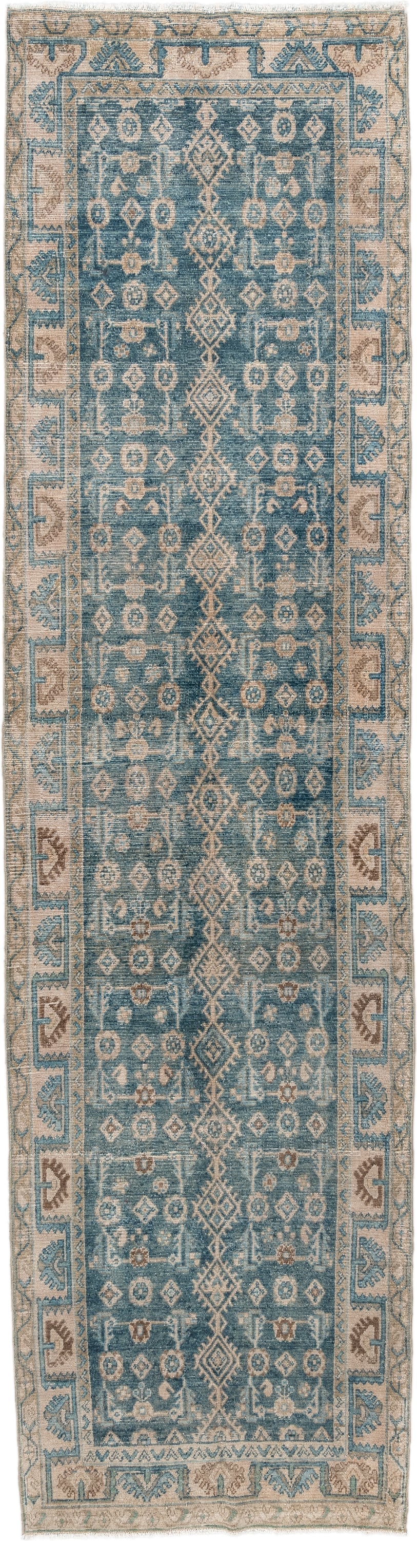 3' x 13' one-of-a-kind handmade antique Hamadan runner rug. Color palette: blue, ivory, beige, taupe, camel, brown, gray