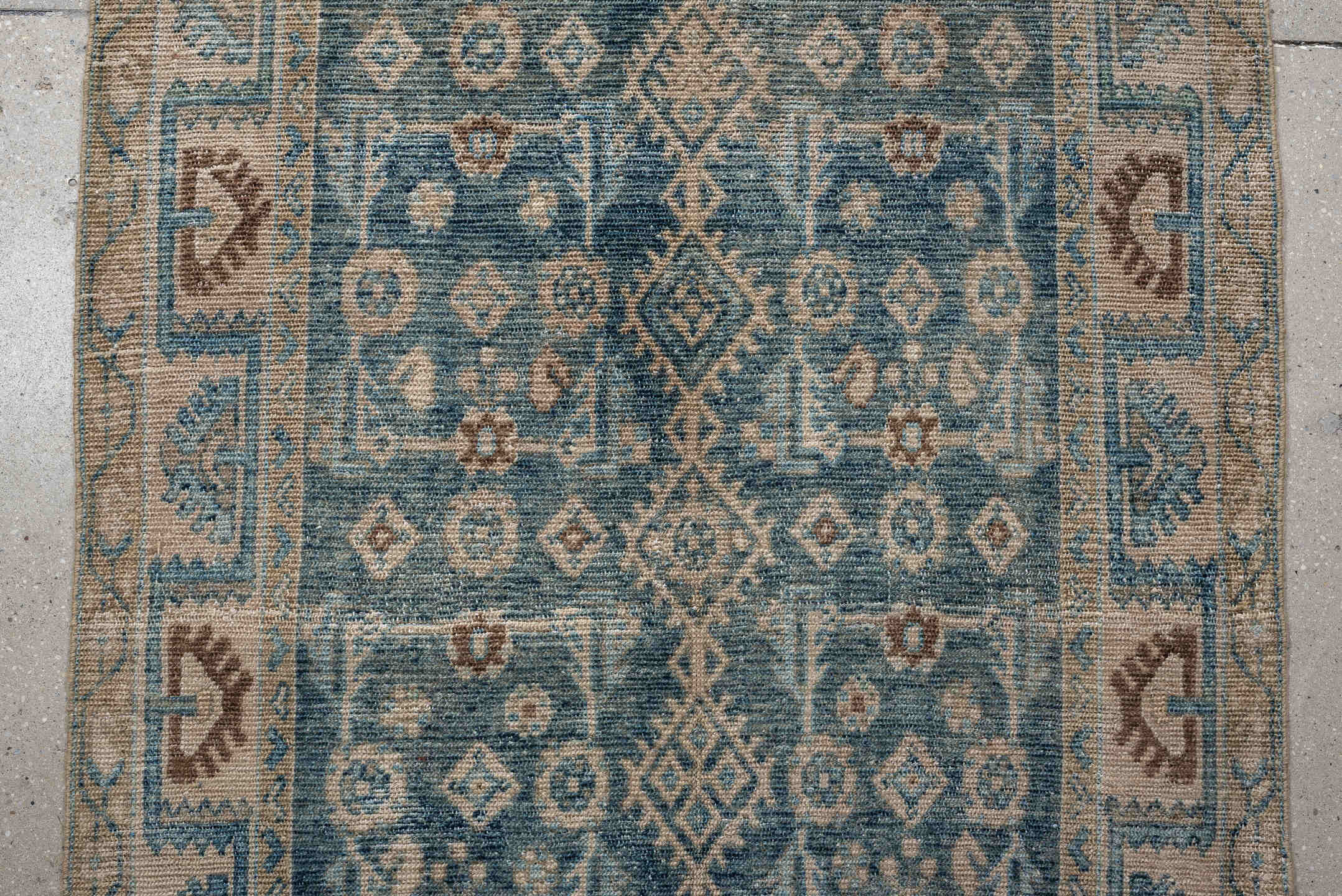 3' x 13' one-of-a-kind handmade antique Hamadan runner rug. Color palette: blue, ivory, beige, taupe, camel, brown, gray