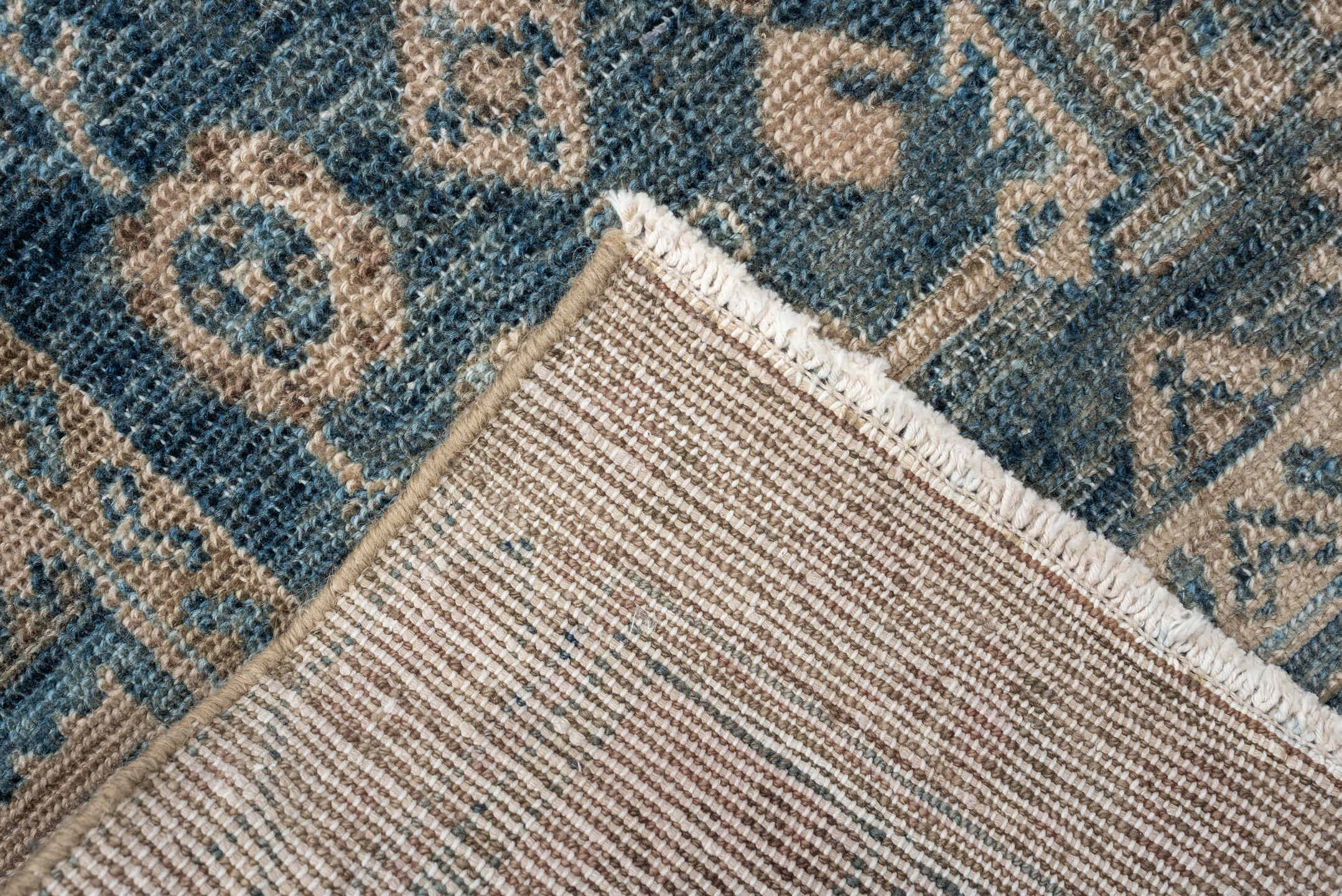 3' x 13' one-of-a-kind handmade antique Hamadan runner rug. Color palette: blue, ivory, beige, taupe, camel, brown, gray