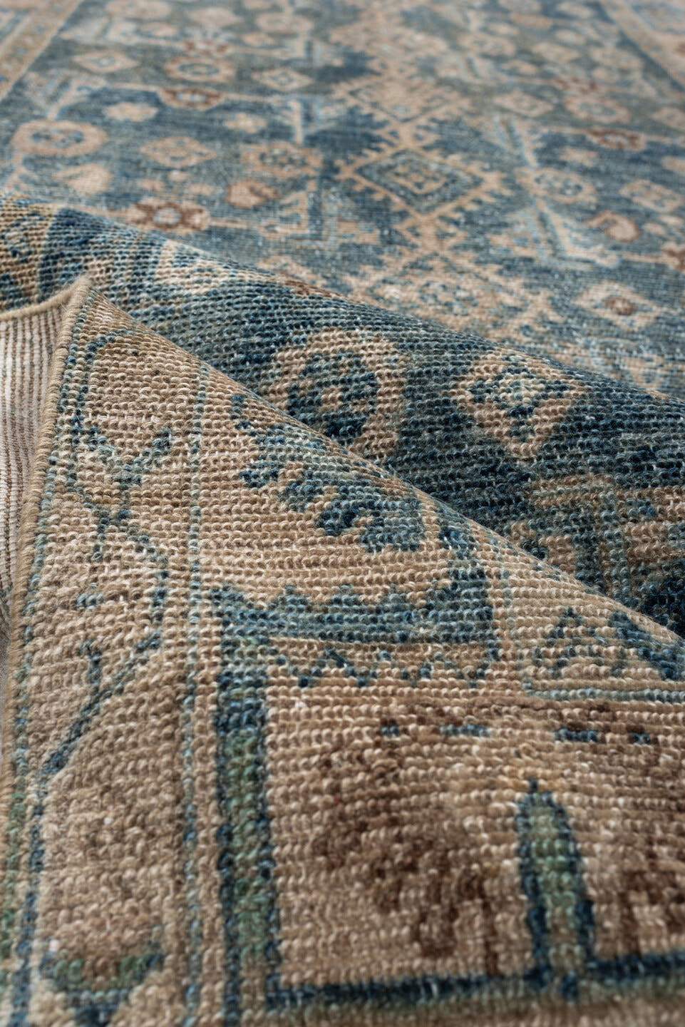 3' x 13' one-of-a-kind handmade antique Hamadan runner rug. Color palette: blue, ivory, beige, taupe, camel, brown, gray