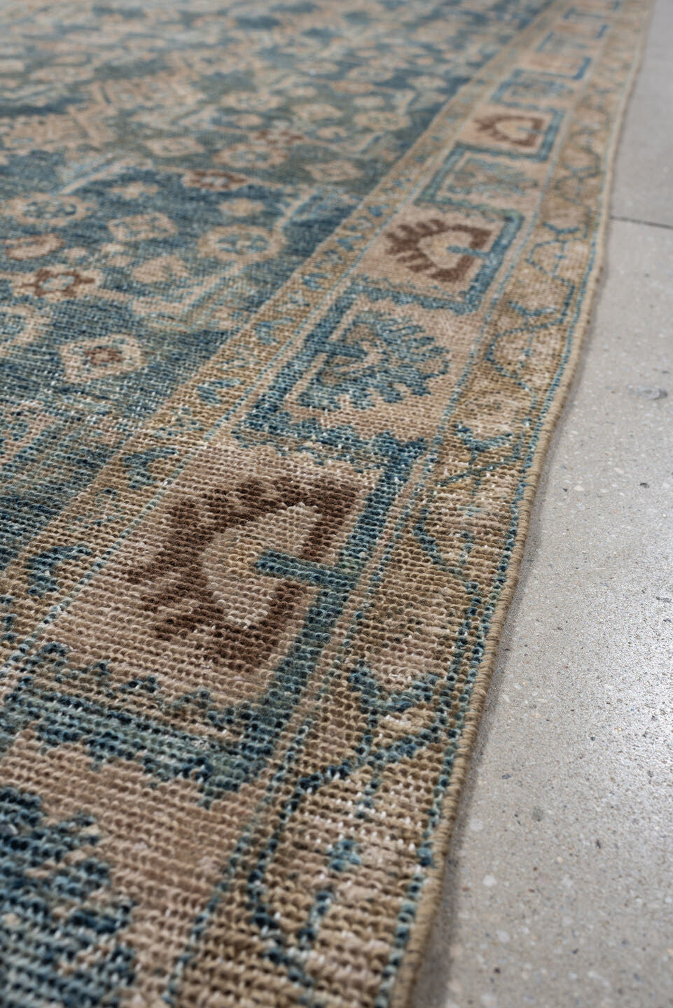 3' x 13' one-of-a-kind handmade antique Hamadan runner rug. Color palette: blue, ivory, beige, taupe, camel, brown, gray