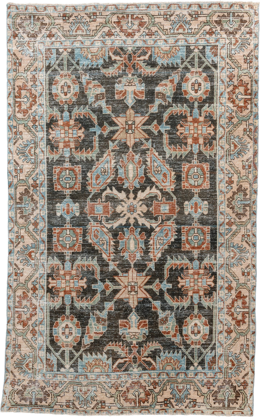 4' x 7' one-of-a-kind handmade antique Hamadan rug. Color palette: charcoal, ivory, light blue, rust, taupe, camel, gray