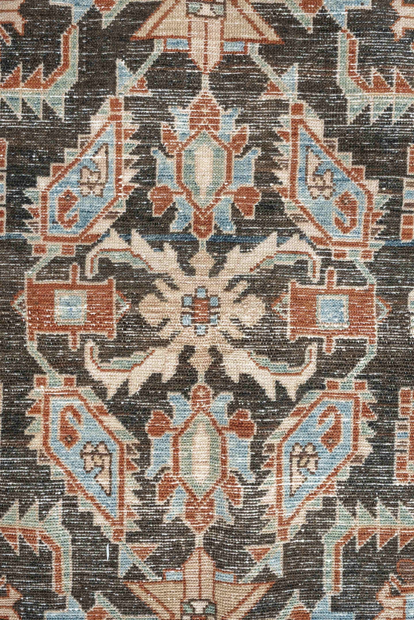 4' x 7' one-of-a-kind handmade antique Hamadan rug. Color palette: charcoal, ivory, light blue, rust, taupe, camel, gray