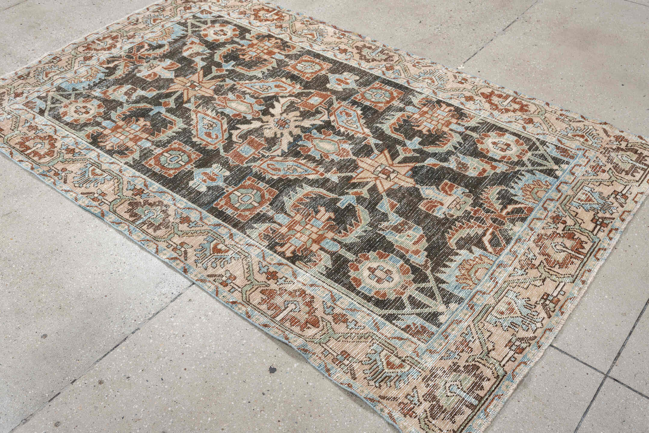 4' x 7' one-of-a-kind handmade antique Hamadan rug. Color palette: charcoal, ivory, light blue, rust, taupe, camel, gray