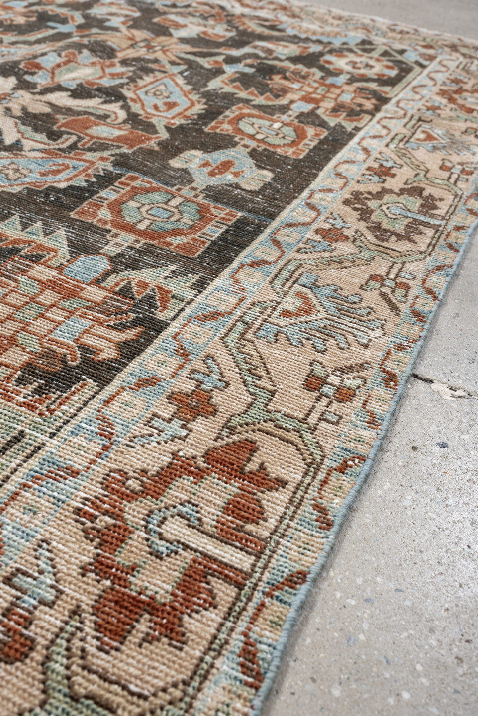 4' x 7' one-of-a-kind handmade antique Hamadan rug. Color palette: charcoal, ivory, light blue, rust, taupe, camel, gray