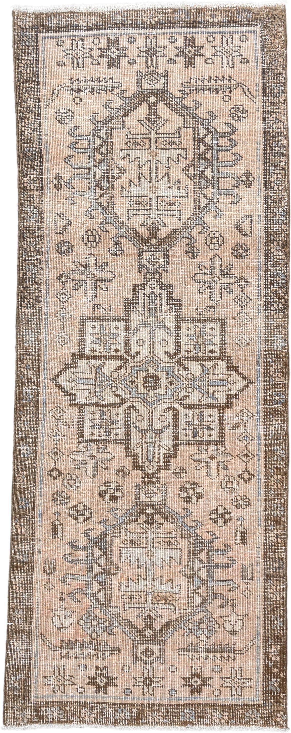 2' x 5' one-of-a-kind handmade antique Karaje small size rug. Color palette: ivory, taupe, brown, camel, slate, beige, gray