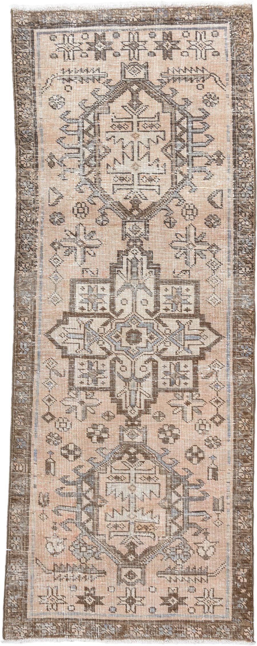 2' x 5' one-of-a-kind handmade antique Karaje small size rug. Color palette: ivory, taupe, brown, camel, slate, beige, gray