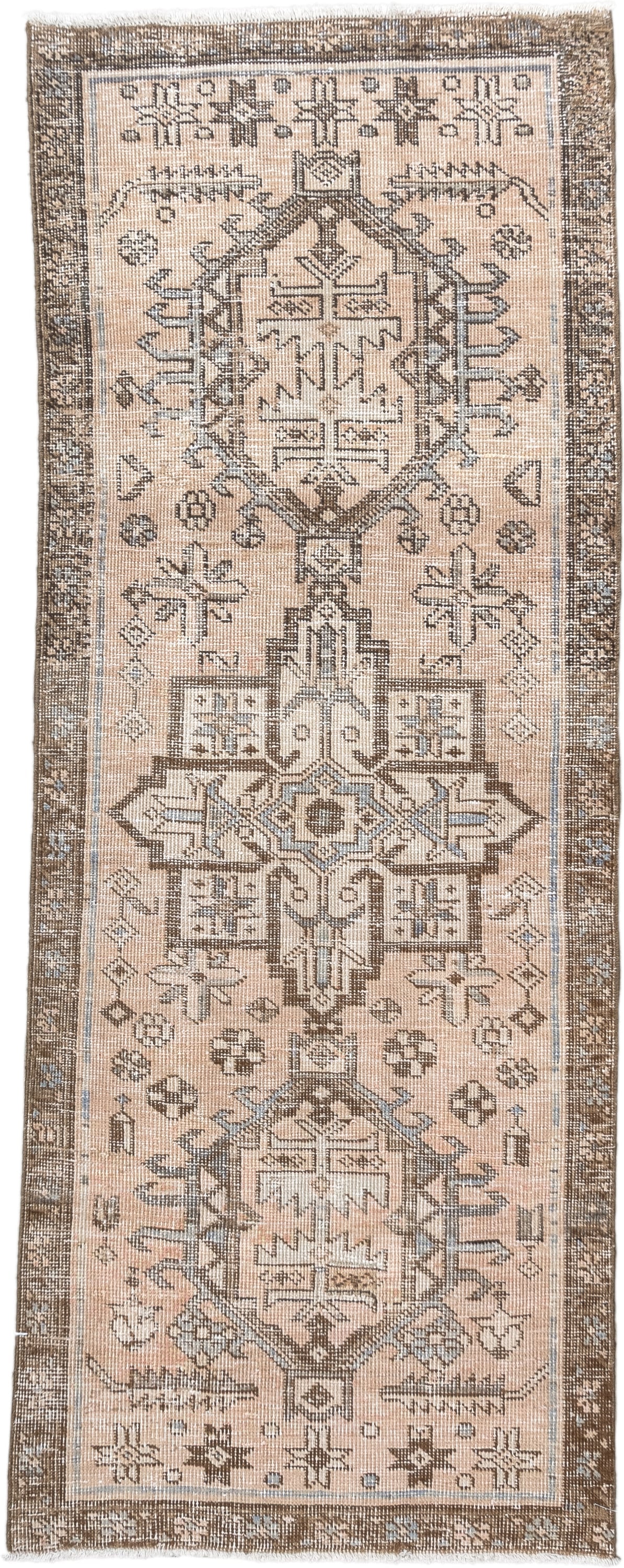 2' x 5' one-of-a-kind handmade antique Karaje small size rug. Color palette: ivory, taupe, brown, camel, slate, beige, gray
