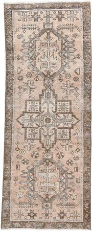 2' x 5' one-of-a-kind handmade antique Karaje small size rug. Color palette: ivory, taupe, brown, camel, slate, beige, gray