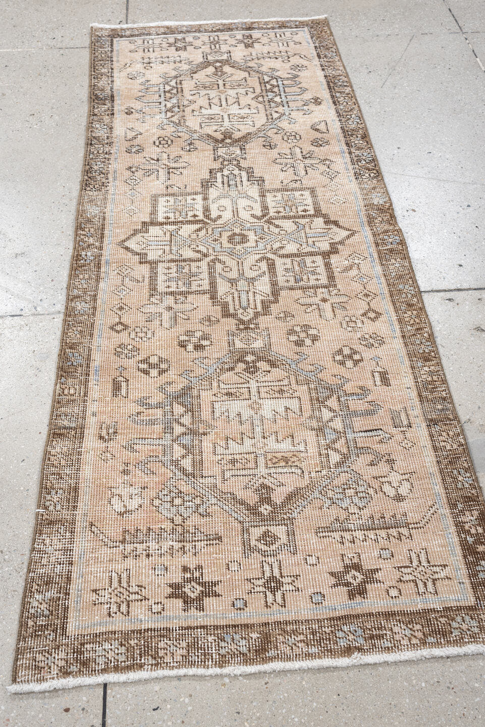 2' x 5' one-of-a-kind handmade antique Karaje small size rug. Color palette: ivory, taupe, brown, camel, slate, beige, gray