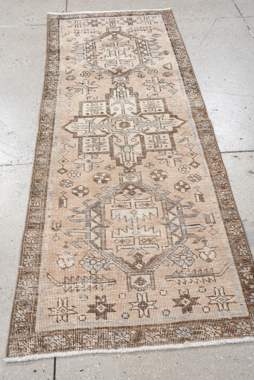 2' x 5' one-of-a-kind handmade antique Karaje small size rug. Color palette: ivory, taupe, brown, camel, slate, beige, gray