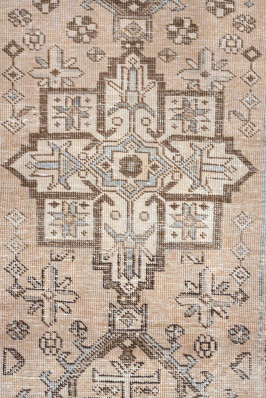 2' x 5' one-of-a-kind handmade antique Karaje small size rug. Color palette: ivory, taupe, brown, camel, slate, beige, gray