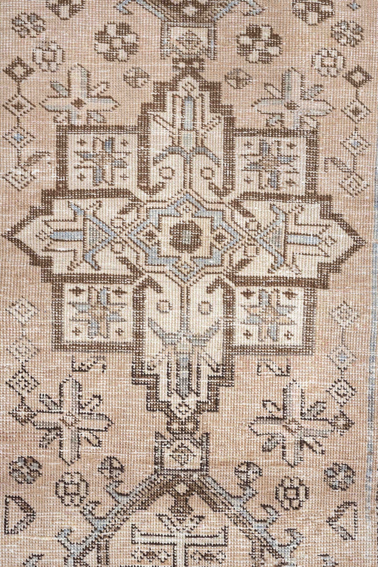 2' x 5' one-of-a-kind handmade antique Karaje small size rug. Color palette: ivory, taupe, brown, camel, slate, beige, gray
