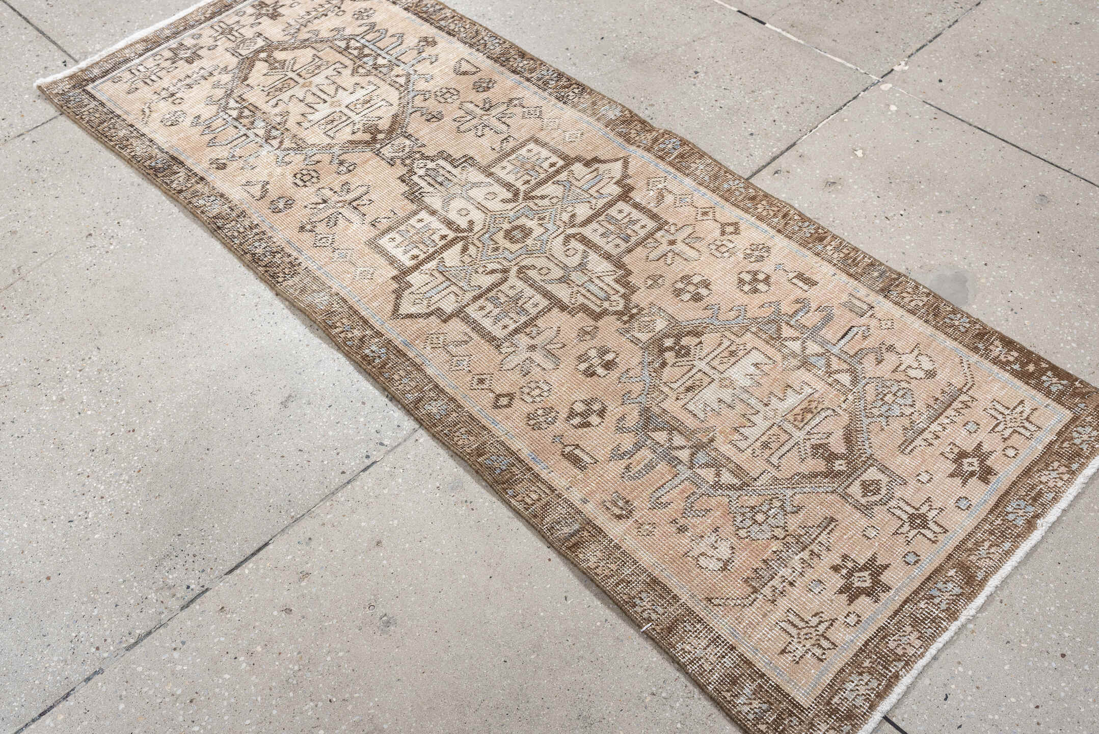 2' x 5' one-of-a-kind handmade antique Karaje small size rug. Color palette: ivory, taupe, brown, camel, slate, beige, gray
