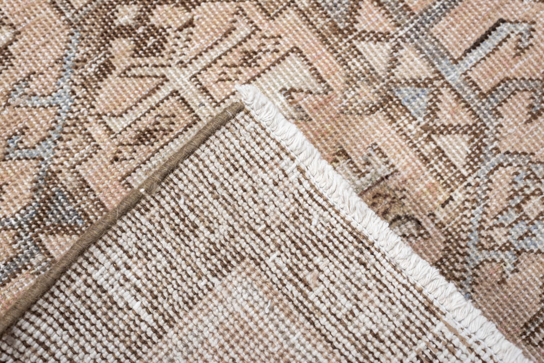 2' x 5' one-of-a-kind handmade antique Karaje small size rug. Color palette: ivory, taupe, brown, camel, slate, beige, gray