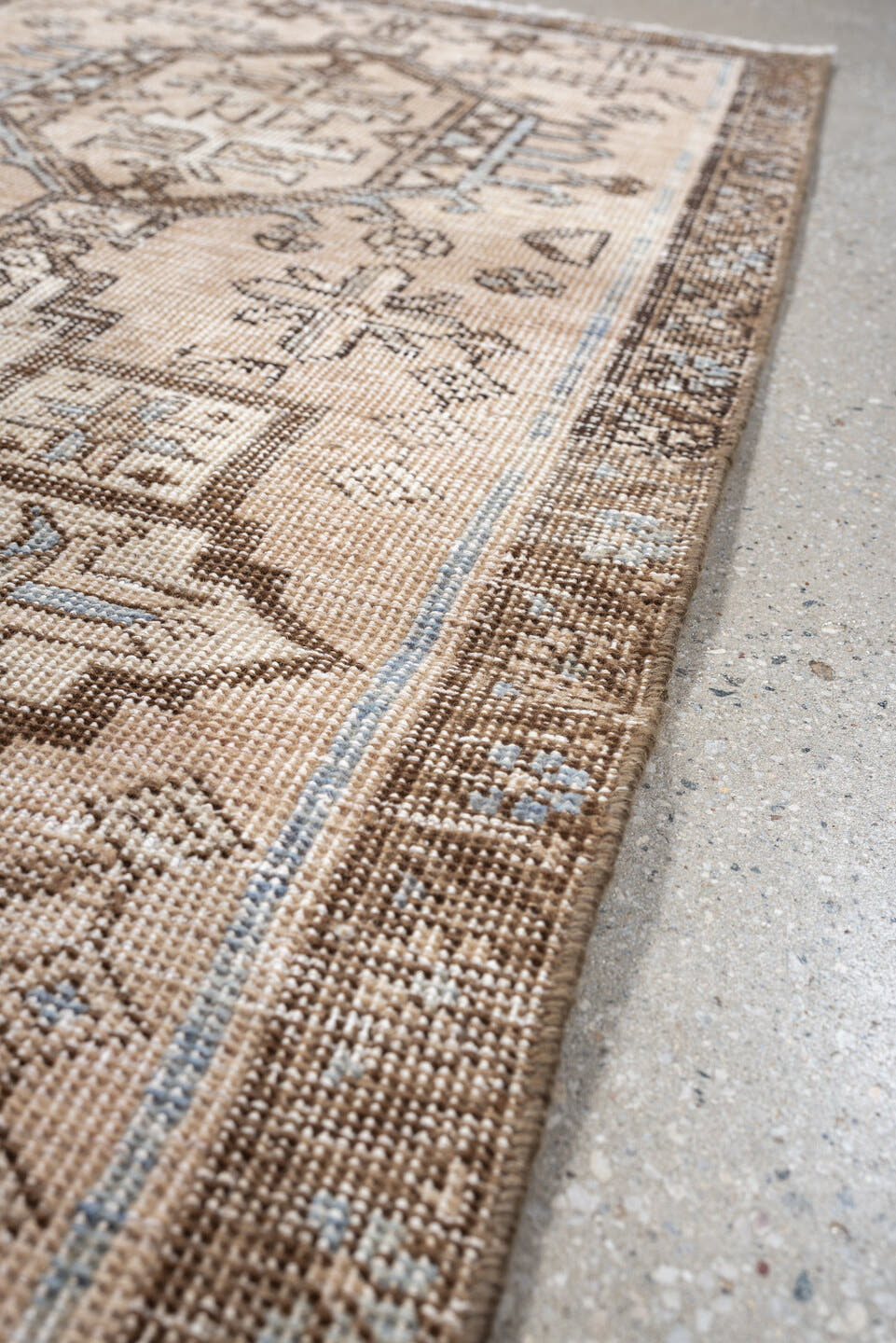 2' x 5' one-of-a-kind handmade antique Karaje small size rug. Color palette: ivory, taupe, brown, camel, slate, beige, gray