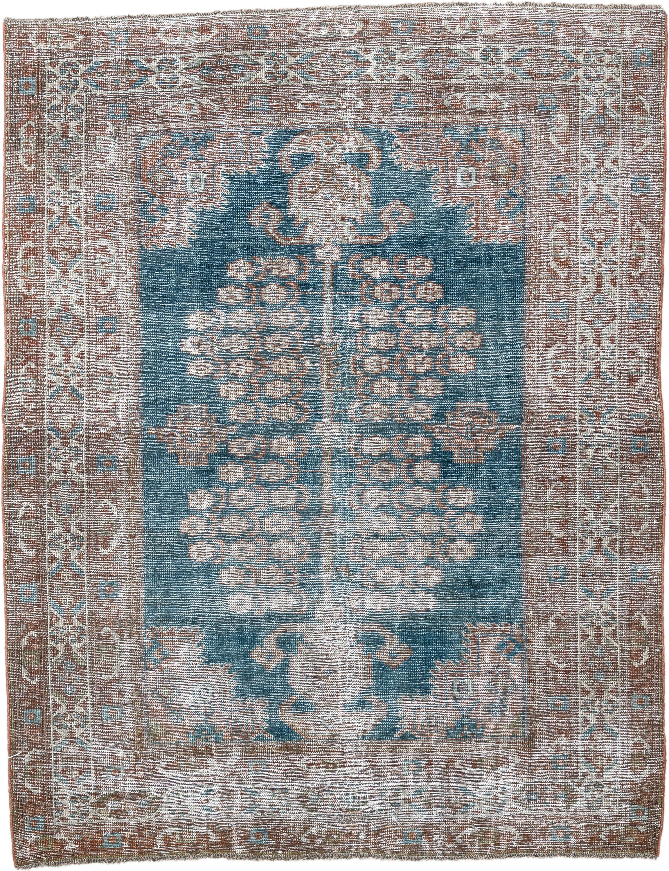 4' x 5' one-of-a-kind handmade antique Shiraz small size rug. Color palette: blue, rust, ivory, taupe, camel, terracotta