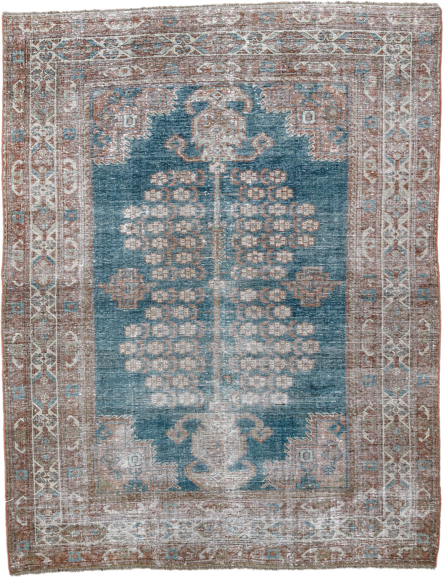 4' x 5' one-of-a-kind handmade antique Shiraz small size rug. Color palette: blue, rust, ivory, taupe, camel, terracotta