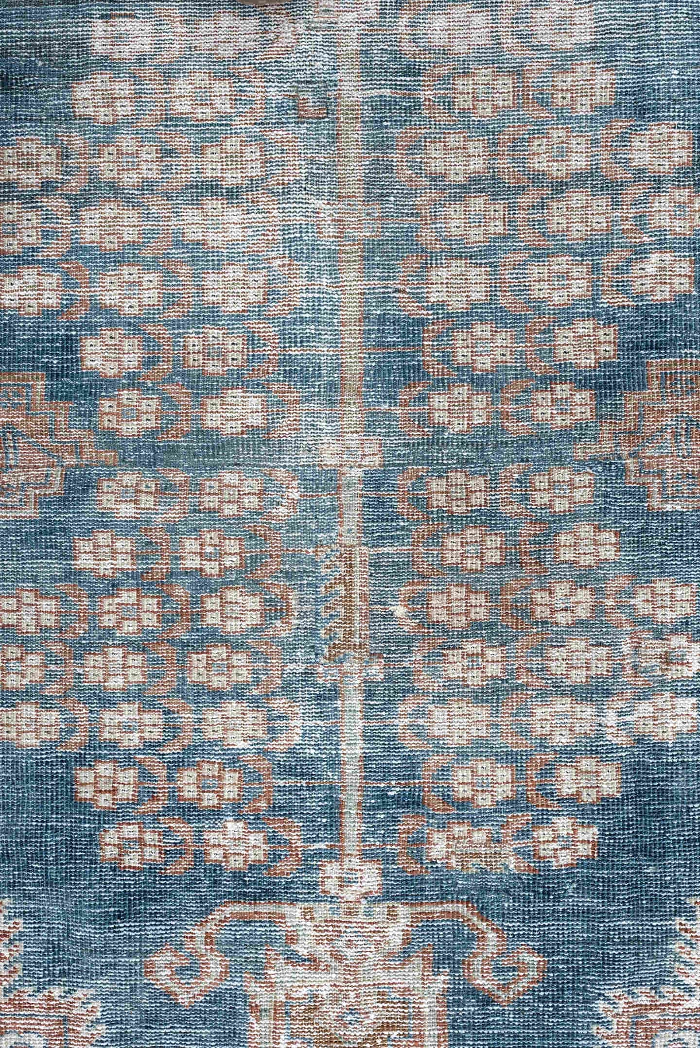 4' x 5' one-of-a-kind handmade antique Shiraz small size rug. Color palette: blue, rust, ivory, taupe, camel, terracotta