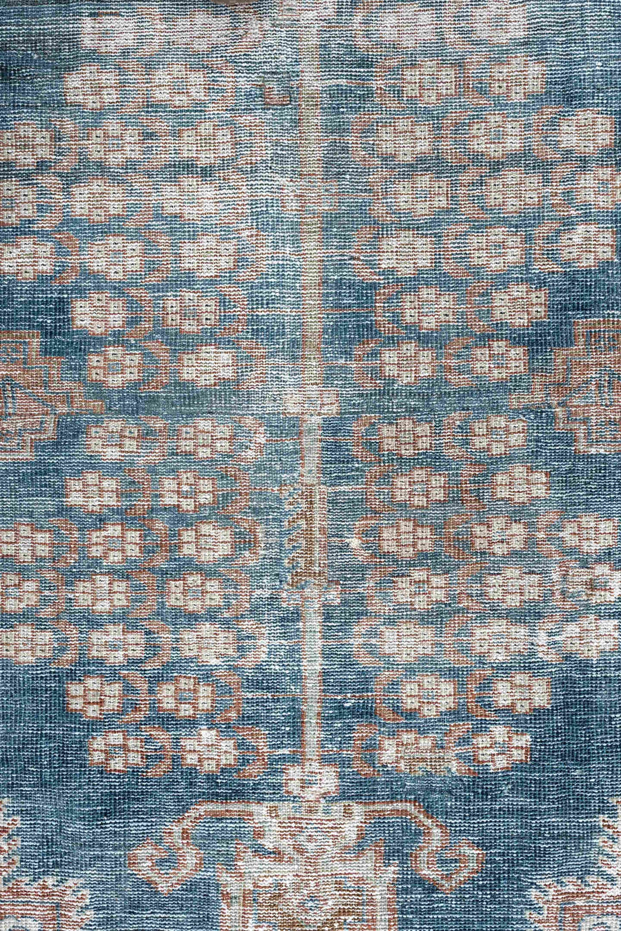 4' x 5' one-of-a-kind handmade antique Shiraz small size rug. Color palette: blue, rust, ivory, taupe, camel, terracotta